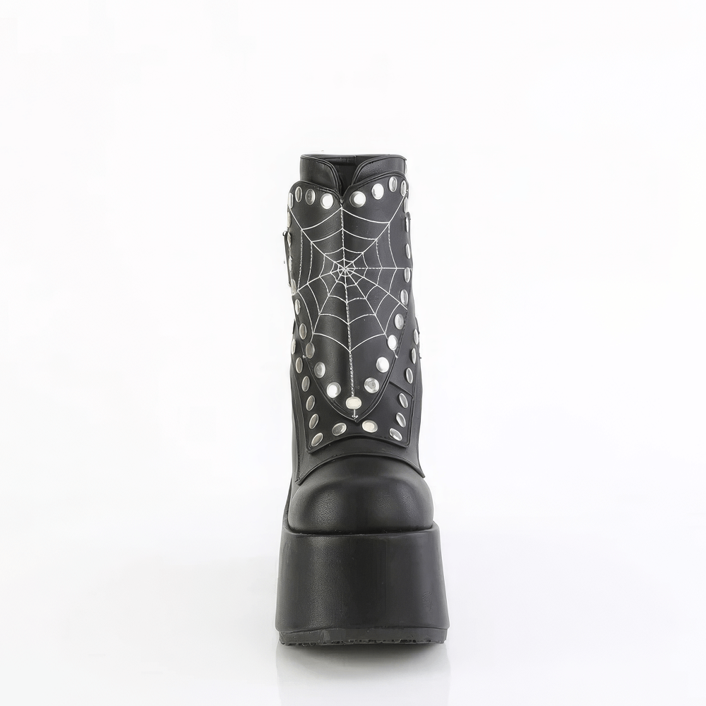 Demonia gothic black ankle boots with spider web design and chunky heel, stylish and edgy footwear.