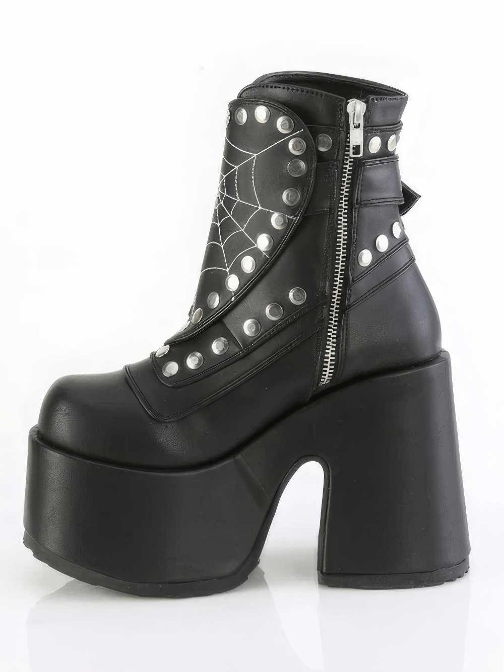 Gothic black ankle boots featuring spider web embroidery, chunky heel, and studded accents for a bold look.