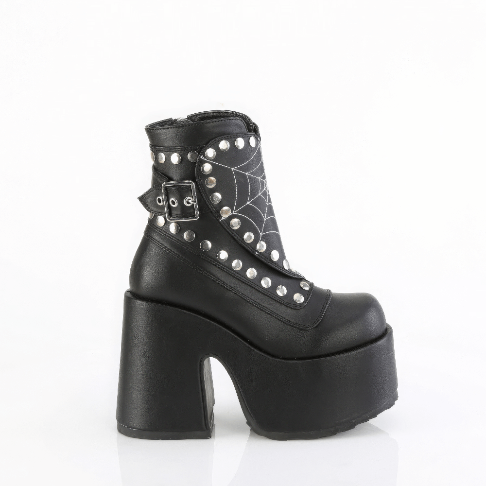 Demonia Gothic black ankle boots with chunky heel, spider web design, and studded accents, perfect for a bold style.