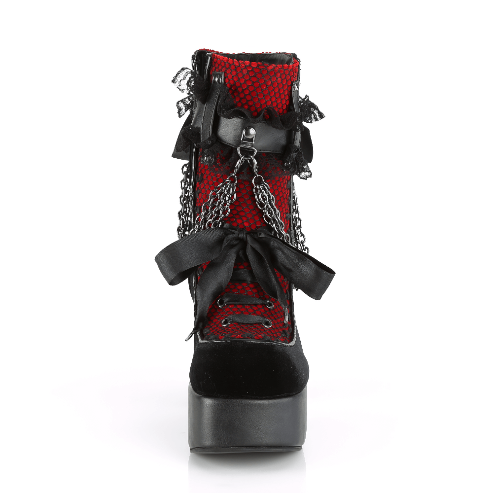 Demonia gothic ruffled ankle strap boots with chain detail in red and black, featuring satin ribbon lace-ups and block heel.