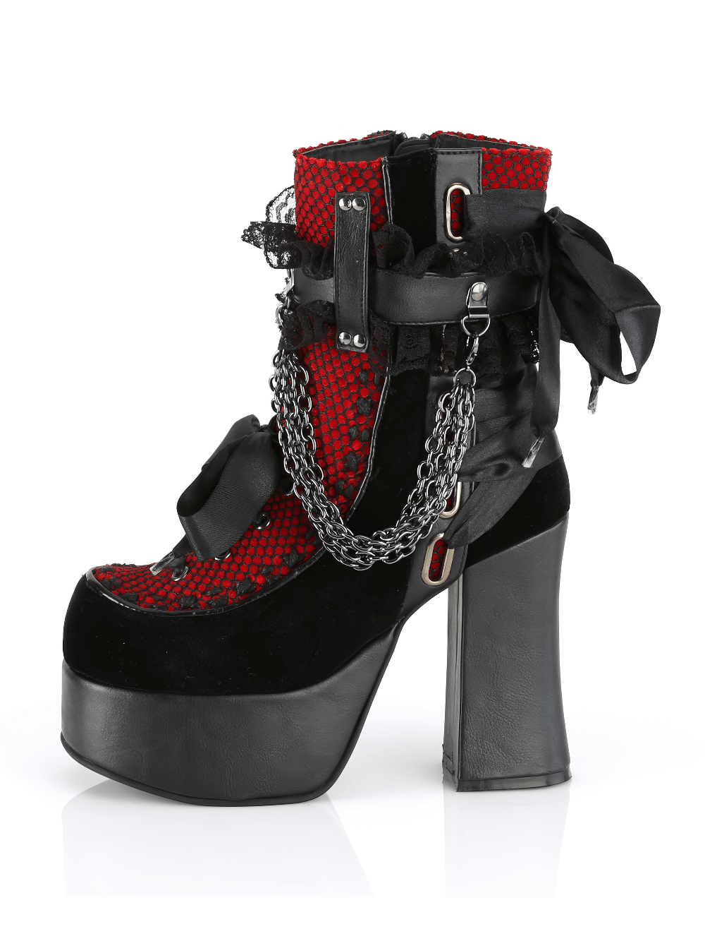 Black and red gothic ankle boots with lace-up design, ruffled straps, and chain details, perfect for bold fashion statements.