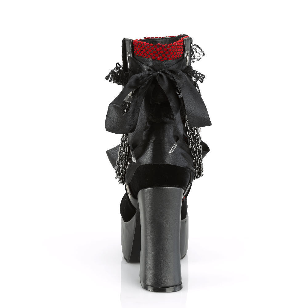 Back view of Demonia Gothic ankle boots with satin ribbons and chains, featuring bold red and black design.