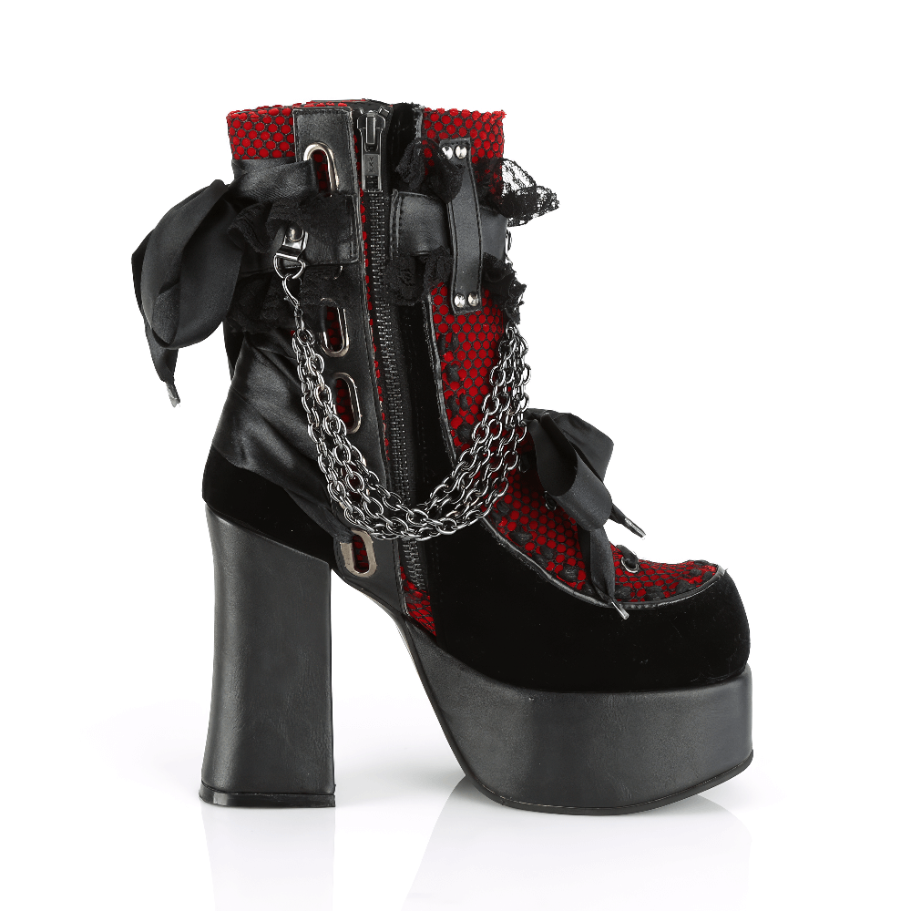 Demonia Gothic style ankle boots with red satin ribbon, chain detail, and block heel for edgy fashion look.