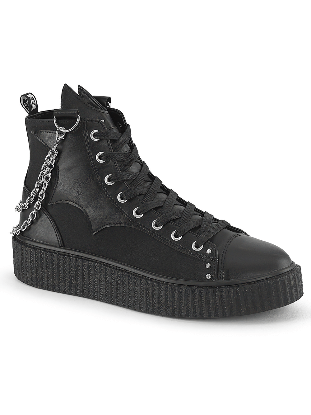 Demonia Gothic high-top sneakers with bat details and chain accents on a stylish black platform.