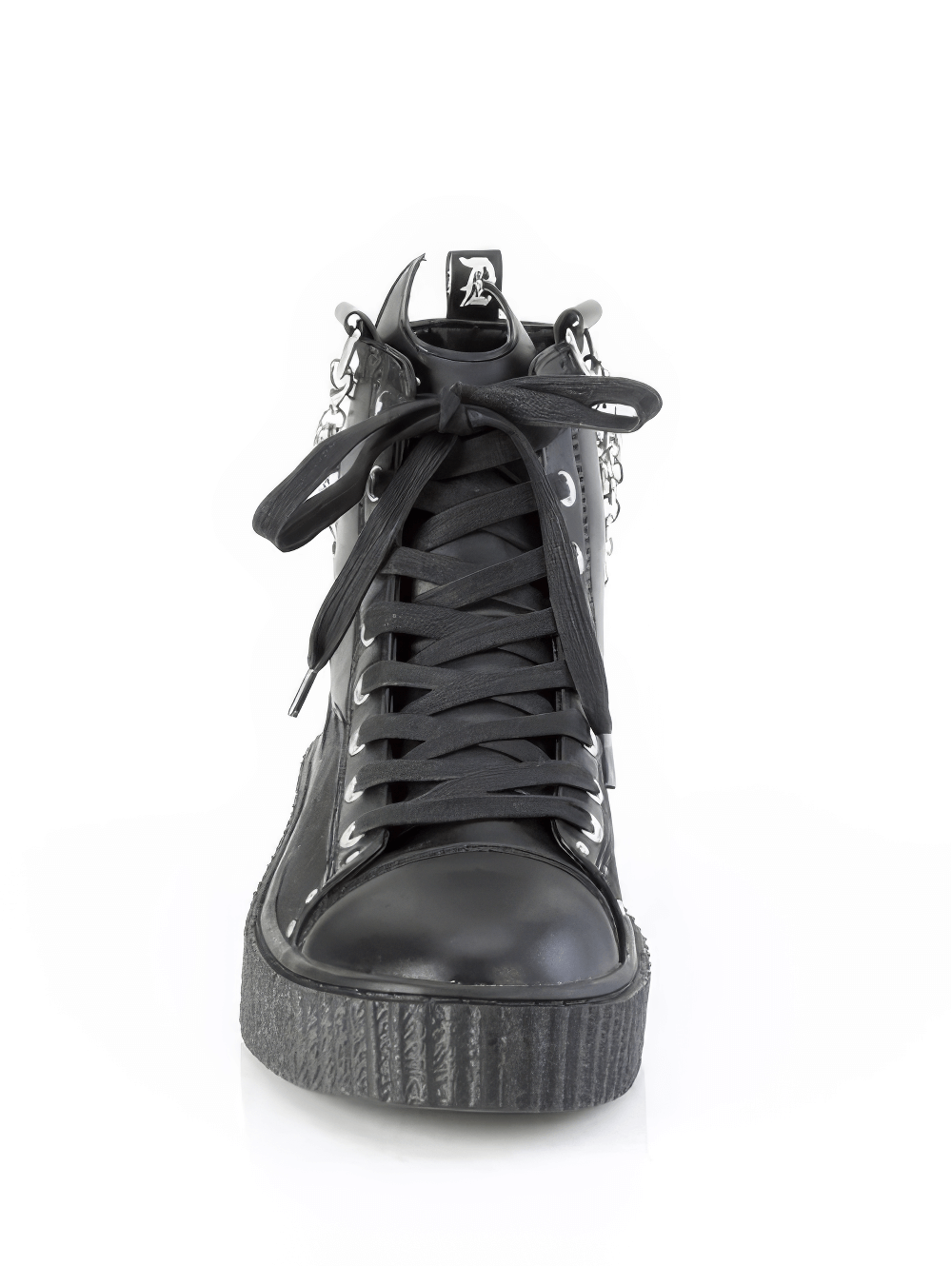 Demonia Gothic high-top sneakers with bat details and chain adornments, 1 1/2" platform, lace-up front design.