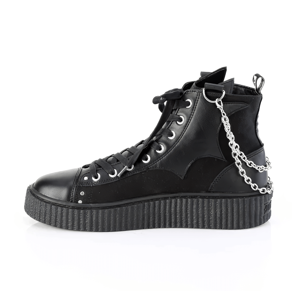 Gothic high-top sneakers featuring bat details and chain adornments, perfect for a bold style statement.