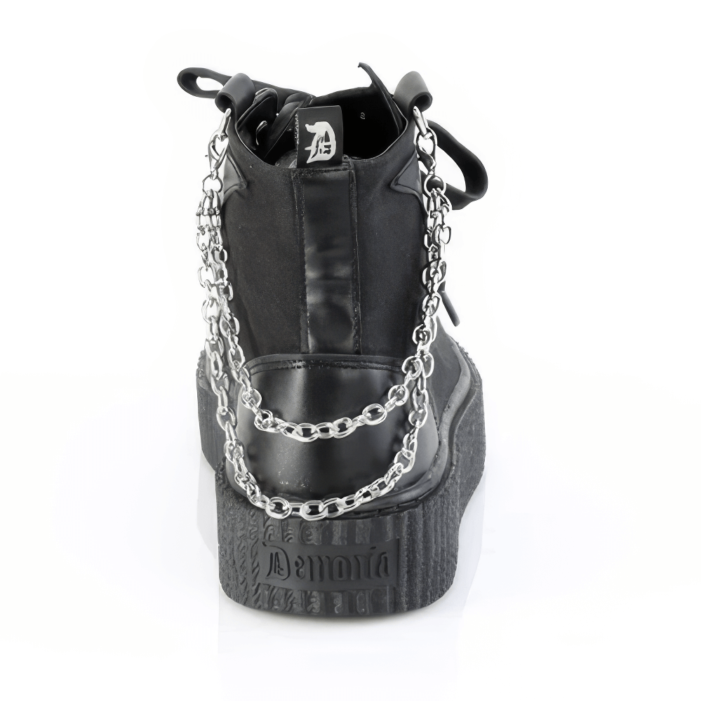 Back view of Demonia Gothic High-Top Sneakers featuring chic chains and a black platform sole.