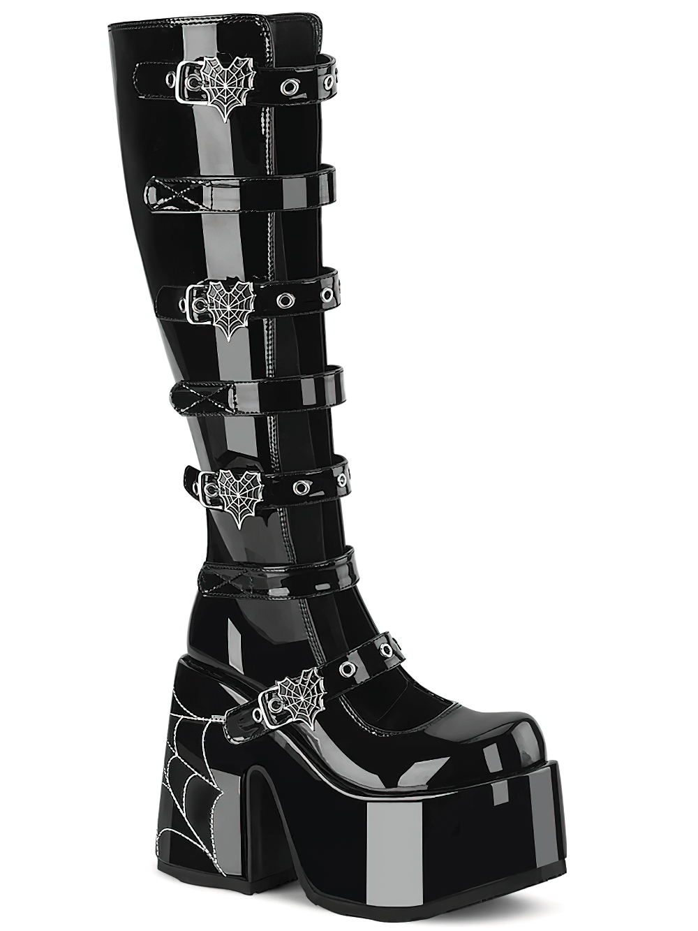 Gothic knee-high boots with spider web buckles and a stylish platform, perfect for edgy night outings.