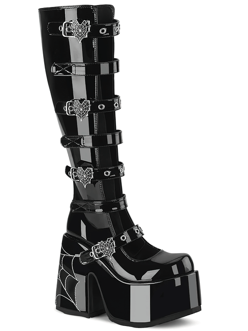 DEMONIA Gothic Kniehohe Stiefel mit Spinnennetz-Schnallen