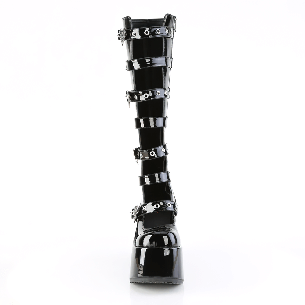 Gothic knee-high boots with spider web buckles and striking block heel, perfect for edgy fashion enthusiasts.