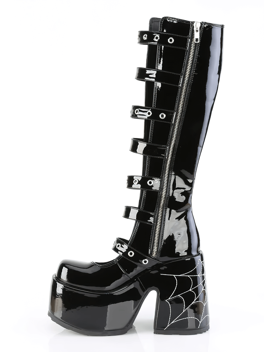 Demonia Gothic knee-high boots with spider web buckles and striking block heel, perfect for edgy fashion lovers.