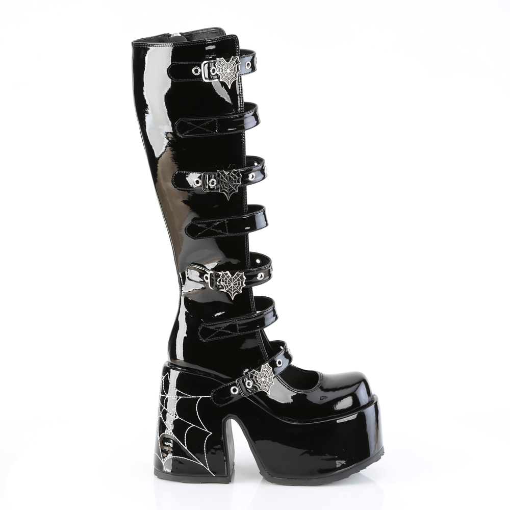 Gothic knee-high boots with spider web buckles and a bold block heel, perfect for edgy fashion lovers.
