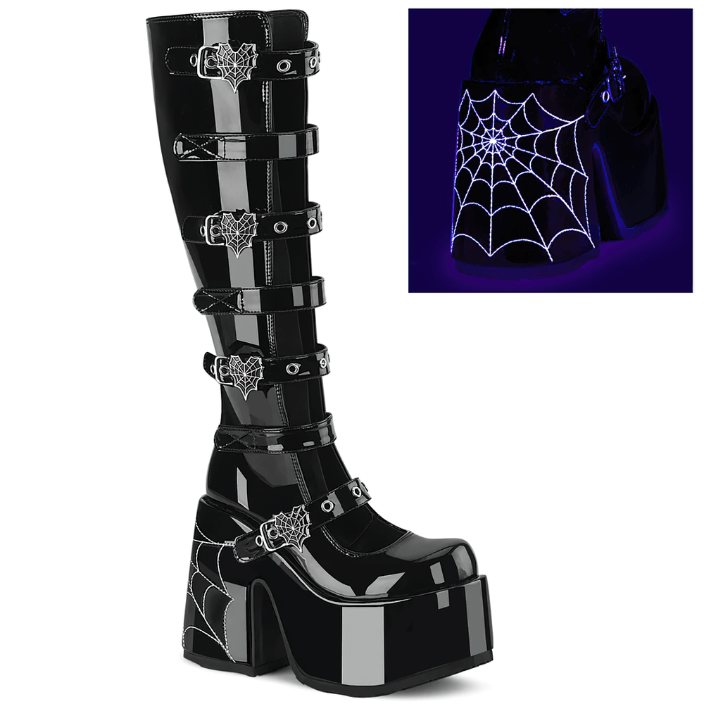 Gothic knee-high boots featuring spider web buckles and a striking block heel, perfect for nighttime adventures.