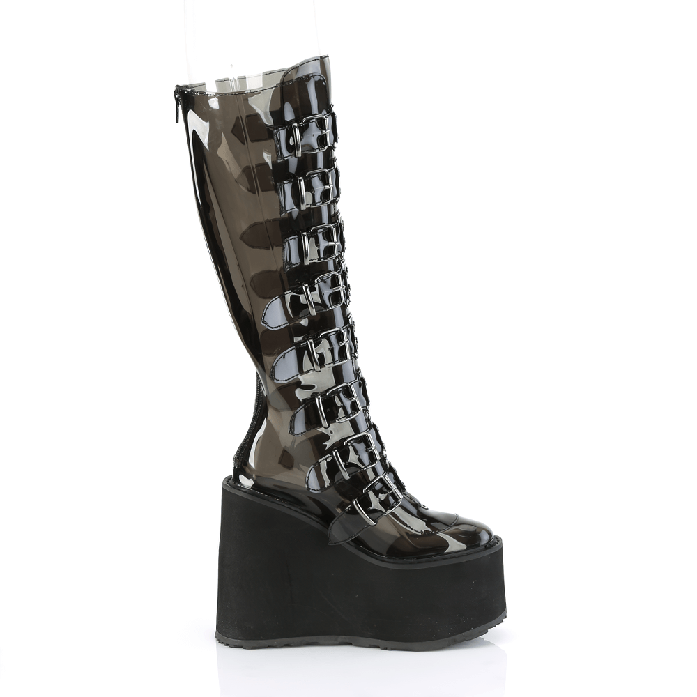 Demonia Gothic knee-high platform boots with 8 buckle straps and a 5.5-inch heel in futuristic smoke TPU.