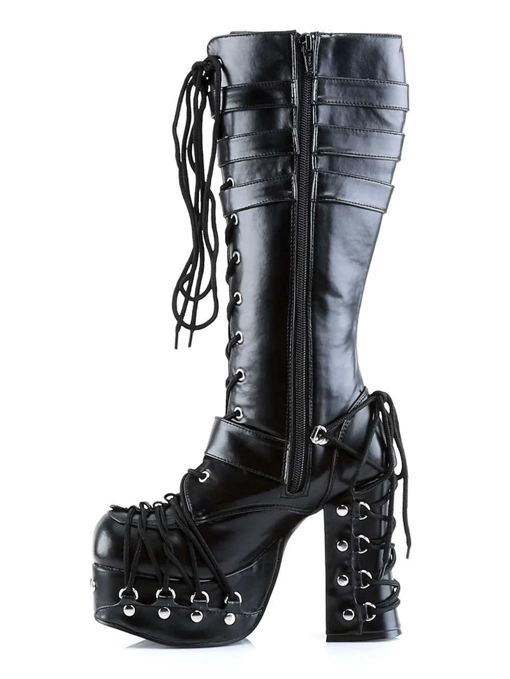 Gothic lace-up knee-high platform boots with studs, straps, and side zipper for easy wearing.