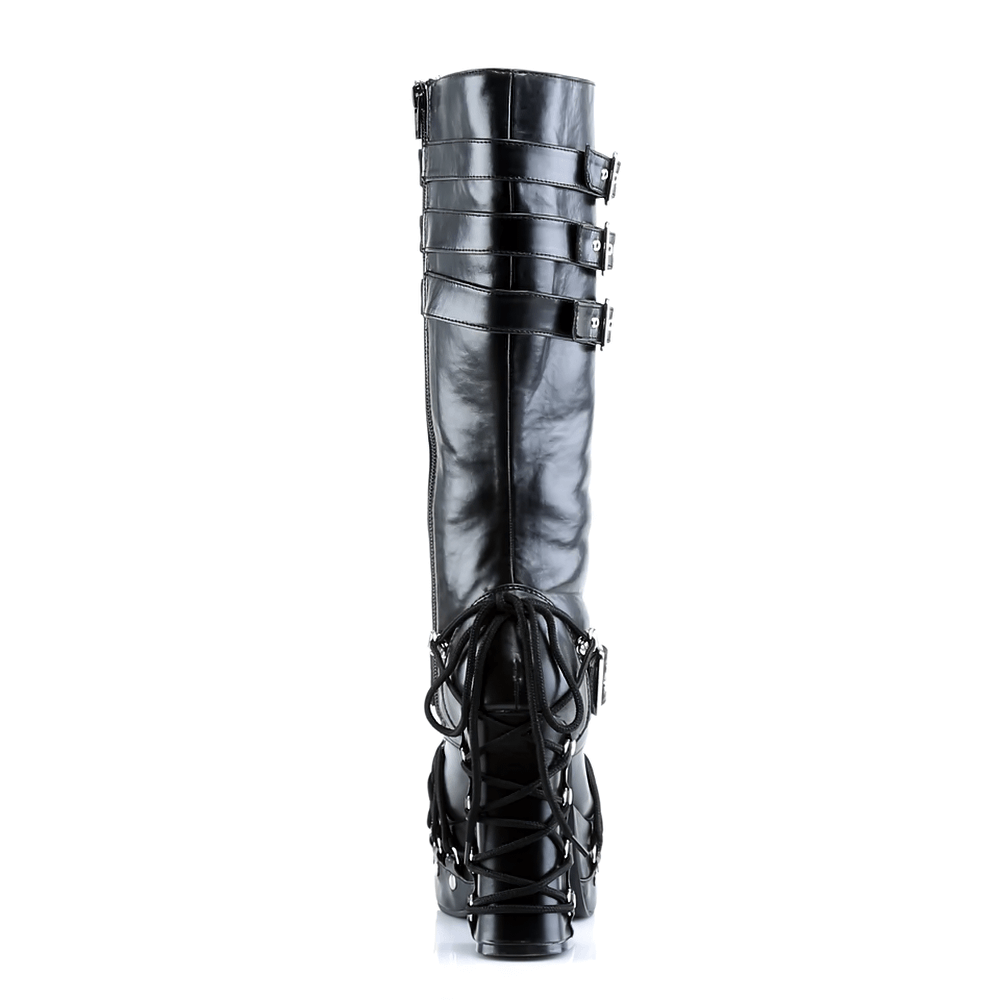 Back view of DEMONIA Gothic lace-up knee-high boots with buckles, studs, and a side zipper.