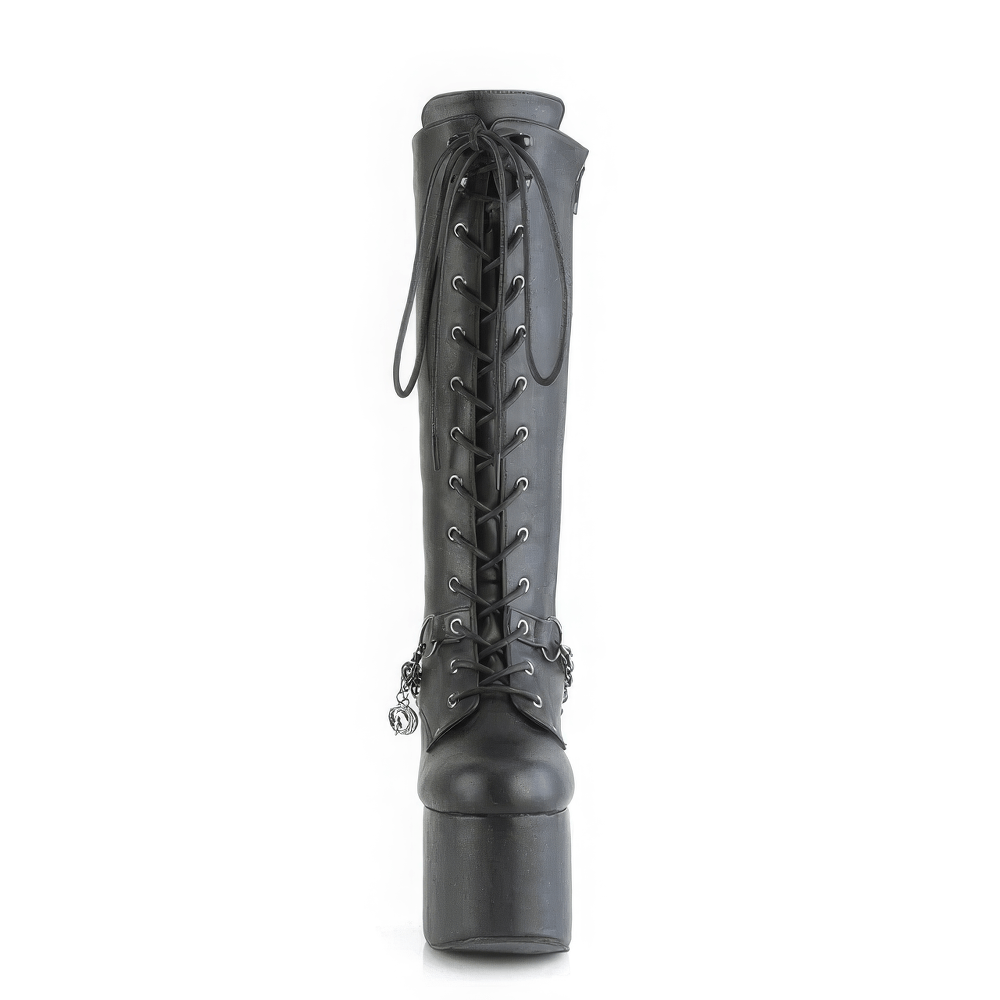 DEMONIA Gothic Lace-Up Mid-Calf Boots with Charm Chain