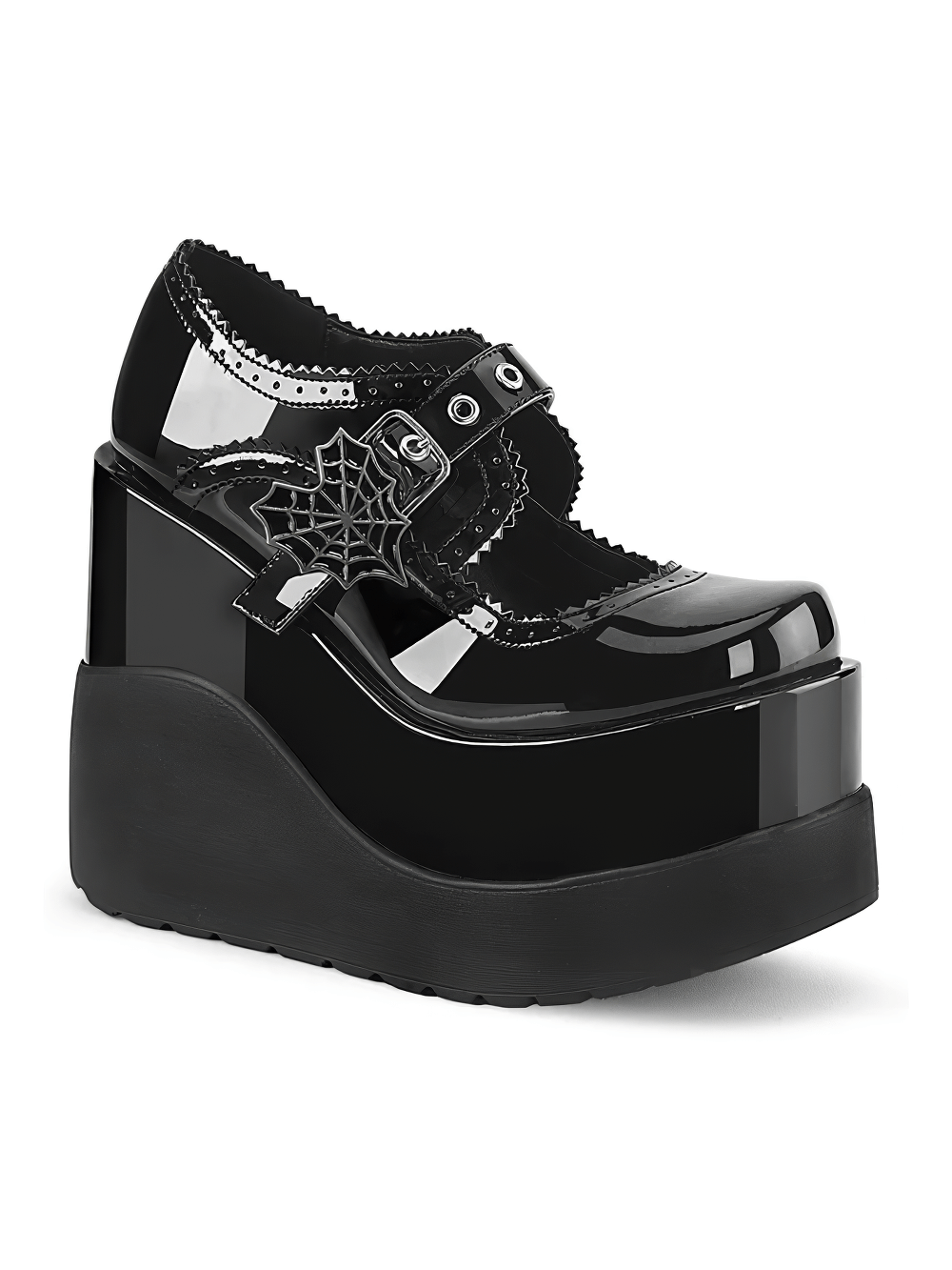 Gothic Lolita shoes in black patent with a heart-shaped spider web buckle and 5" wedge platform.