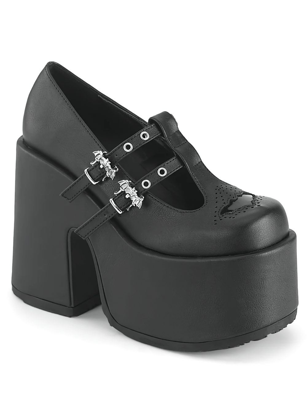 Gothic Mary Jane chunky heels in black vegan leather with bat buckles and a striking 5-inch heel.