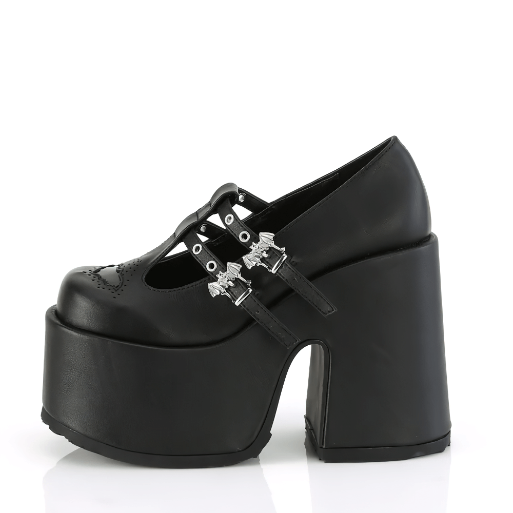 Demonia Gothic Mary Jane chunky heels in black vegan leather with bat buckles for a stylish dark look.