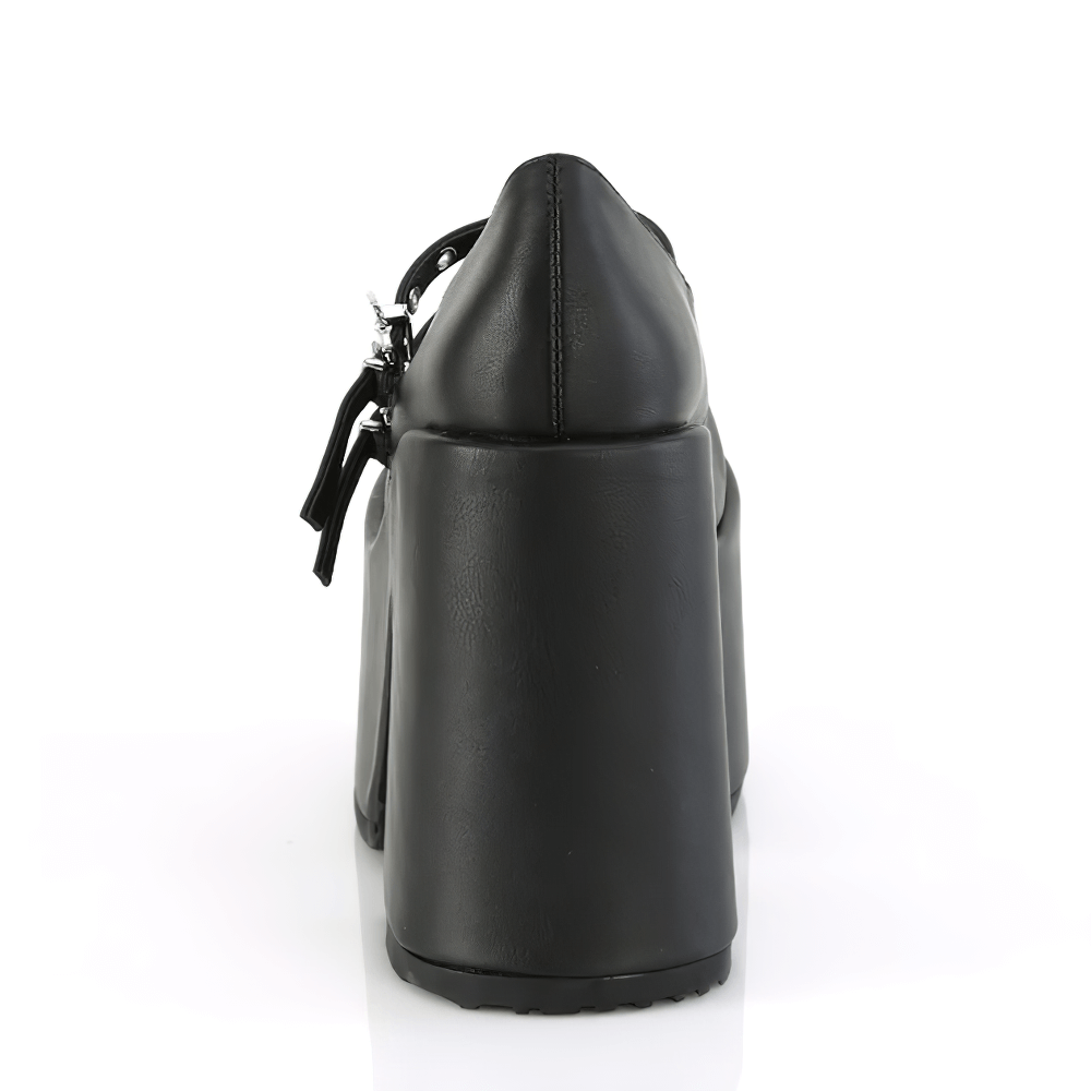 Back view of Demonia Gothic Mary Jane chunky heels in black vegan leather featuring a high platform and chunky heel.