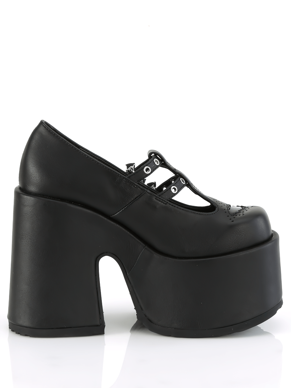 Demonia black vegan leather Mary Jane chunky heels with bat buckles, featuring a 5-inch heel and a 3-inch platform.