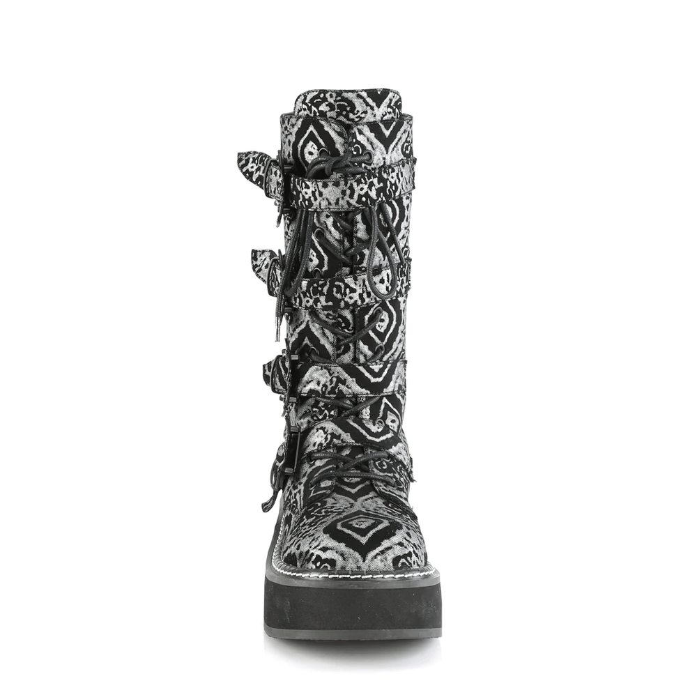 Gothic mid-calf boots with bat buckle straps, lace-up front, and a stylish black-silver pattern.