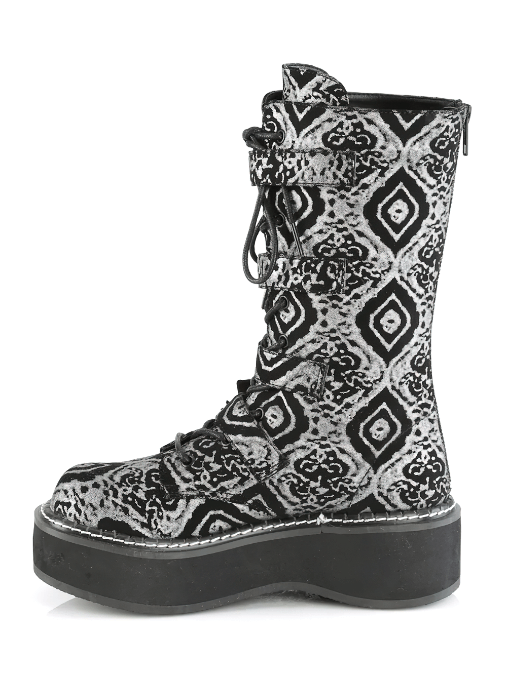 Side view of DEMONIA gothic mid-calf boots in black-silver pattern with platform and lace-up front.