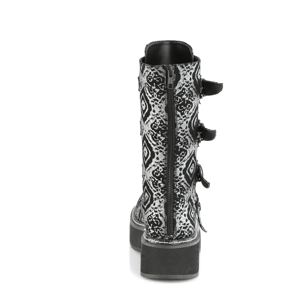 Back view of DEMONIA gothic mid-calf boots featuring bat buckle straps and a silver-black design.