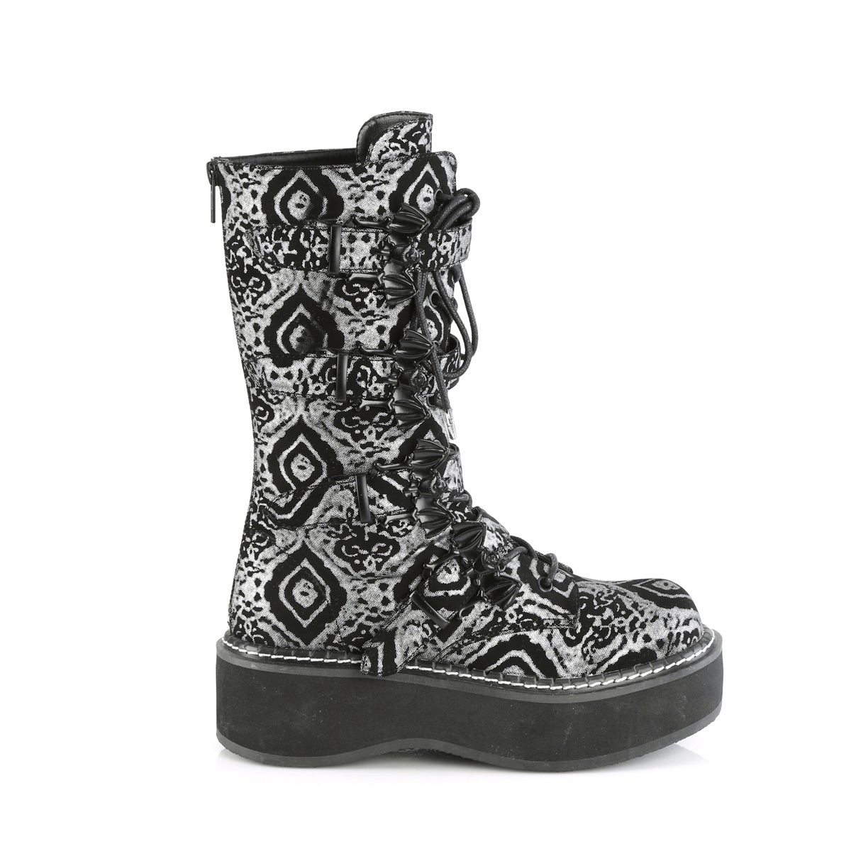 Demonia Gothic mid-calf boots with lace-up front, striking black-silver pattern, 2-inch platform, and sturdy zipper.