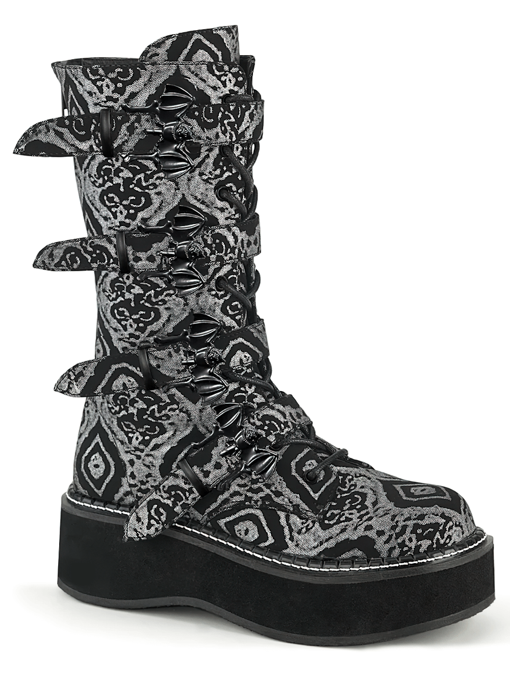 Demonia gothic mid-calf boots in black-silver with bat buckle straps and a 2" platform for an edgy look.