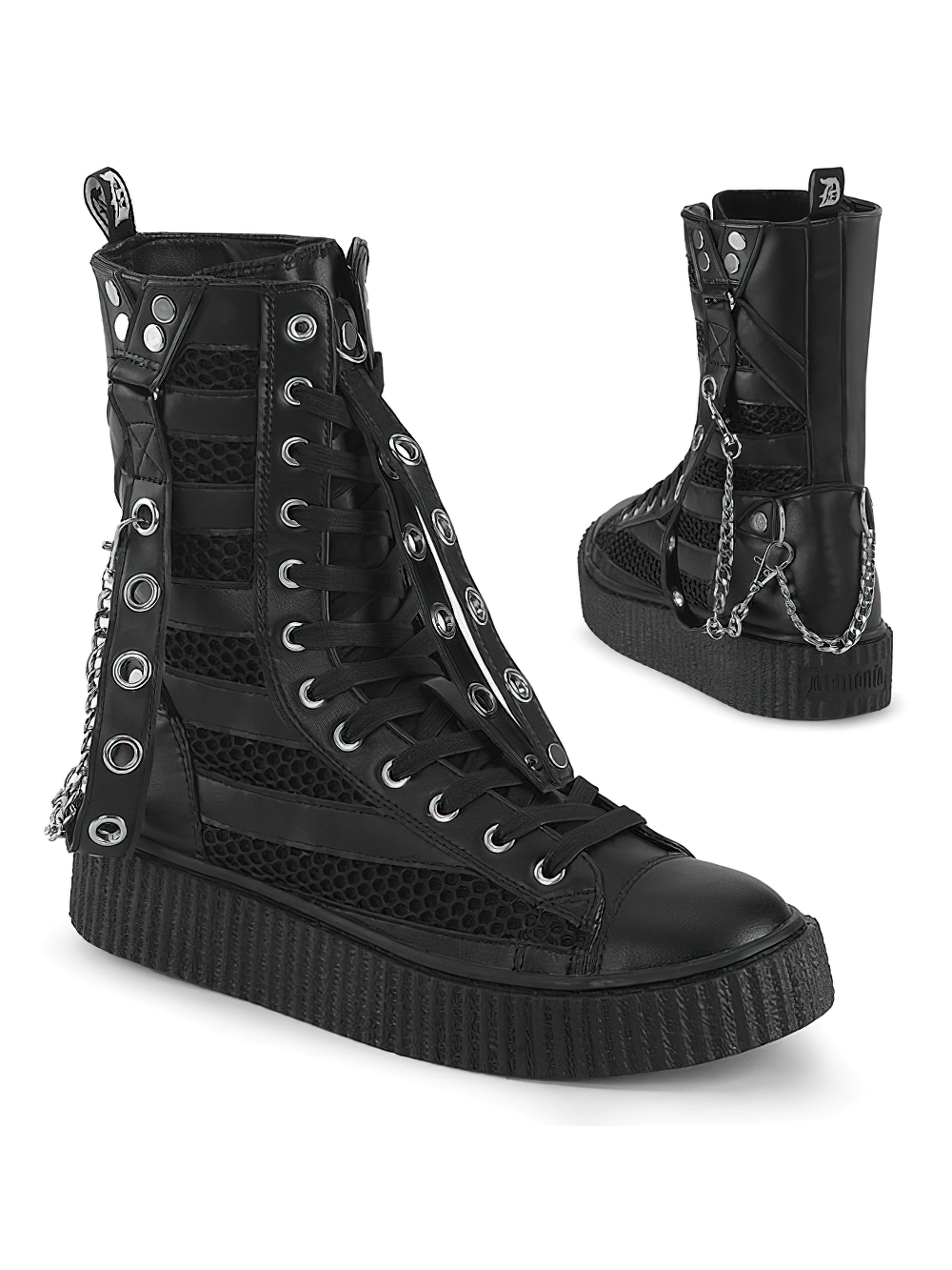 Gothic mid-calf black creeper sneakers with chains, featuring metal accents and a chunky sole for edgy style.