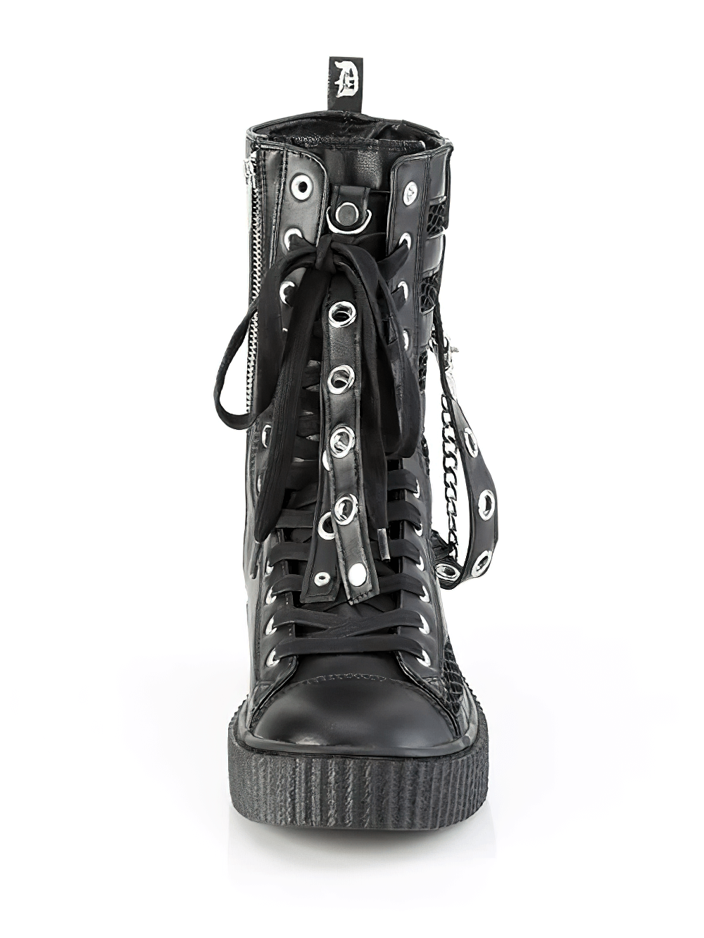 Front view of DEMONIA Gothic Mid-Calf Creeper Black Sneakers with lace-up design and chain accents.