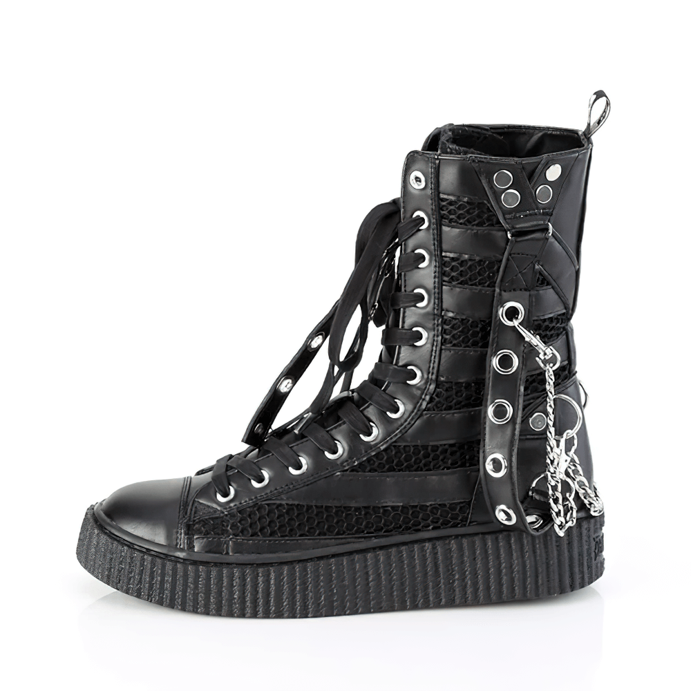 Gothic mid-calf creeper black sneakers with chains and metal accents, perfect for a punk aesthetic.