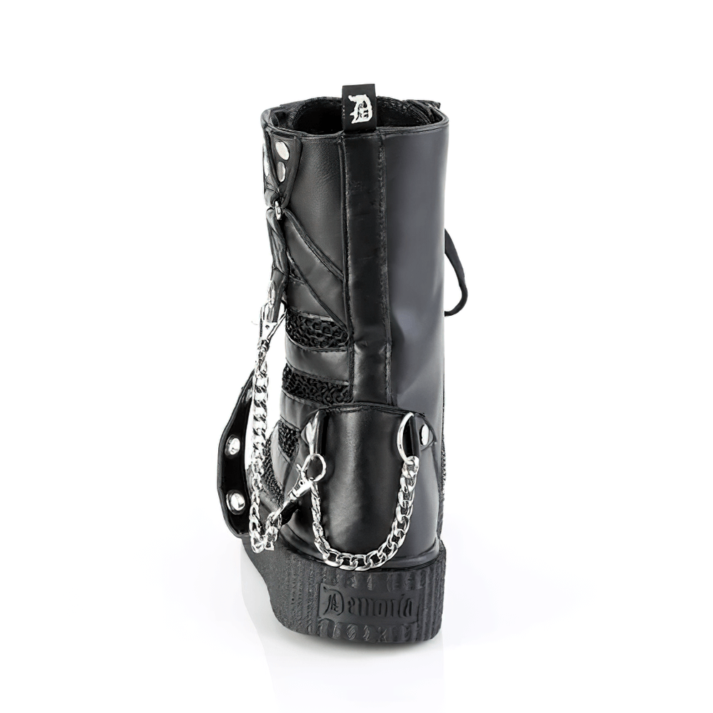 Demonia Gothic mid-calf creeper boots with chains, featuring lace-up design and metal accents, showcasing the back view.