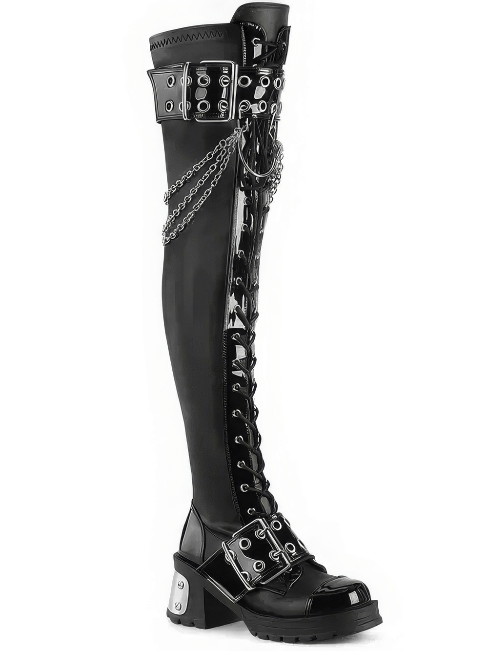 Demonia Gothic over-the-knee boots with chains, buckles, and chunky heel in black vegan leather.