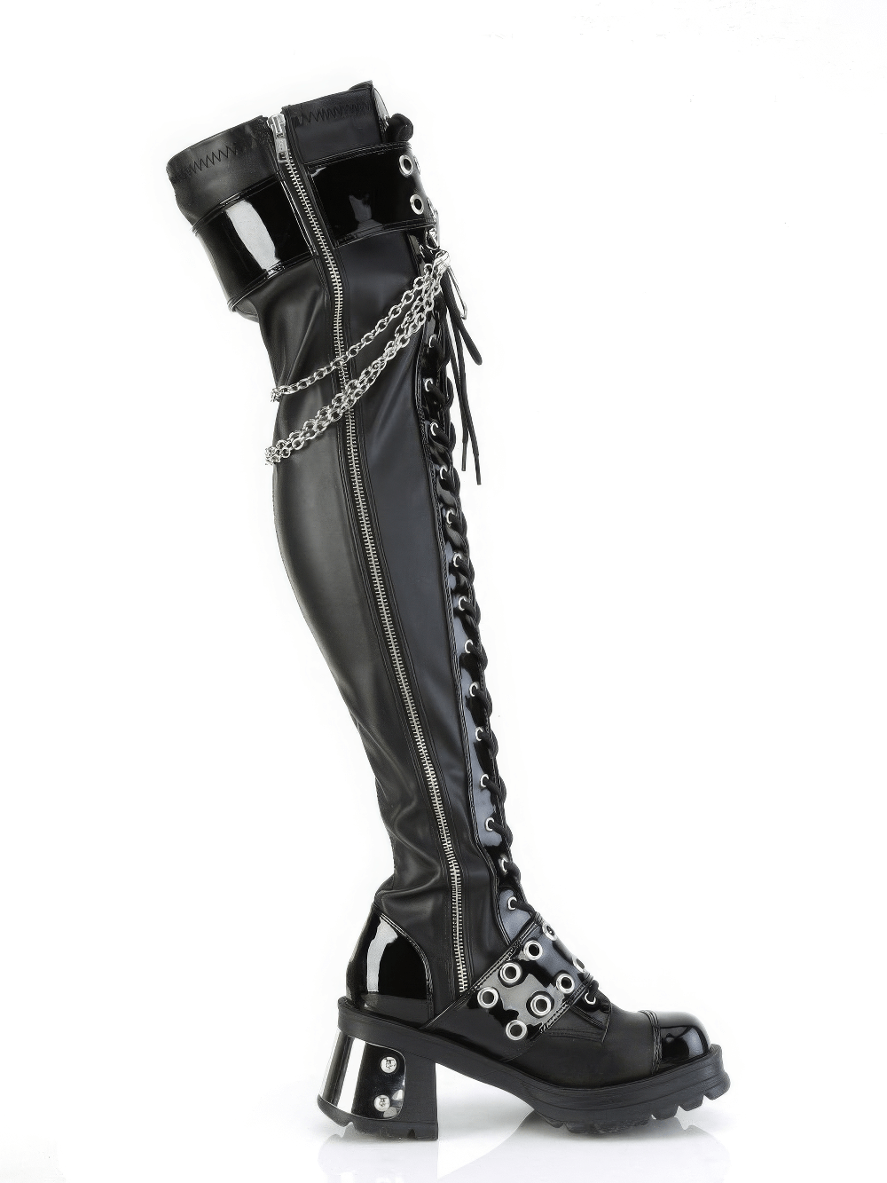 Demonia Gothic over-the-knee boots featuring chains, eyelet details, and a chunky heel for bold punk style.