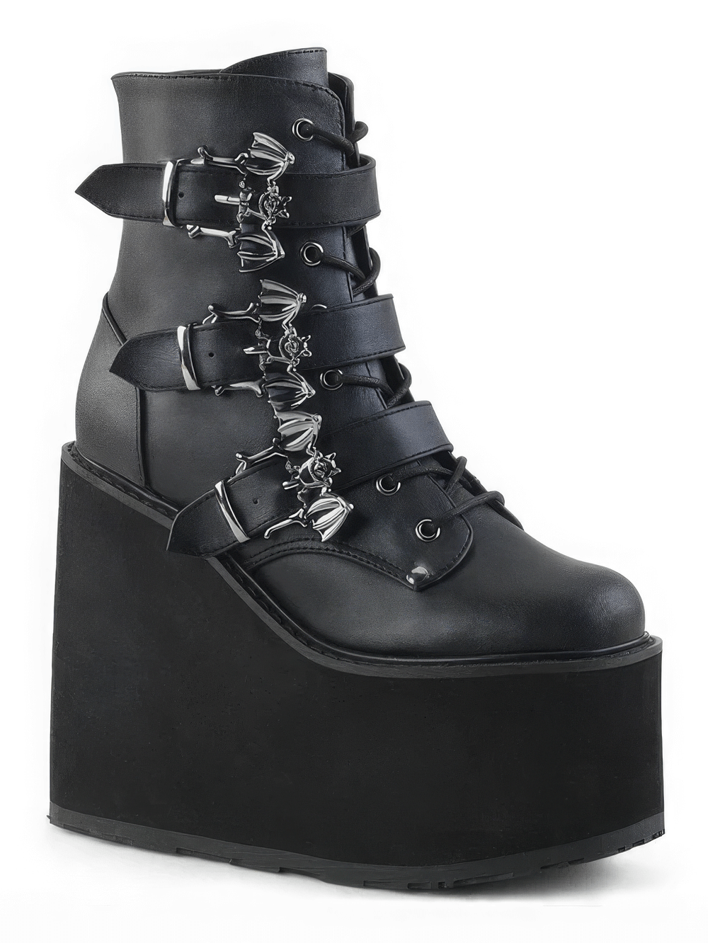 Demonia Gothic platform ankle boots with triple bat buckles and a 5.5-inch wedge for edgy style.