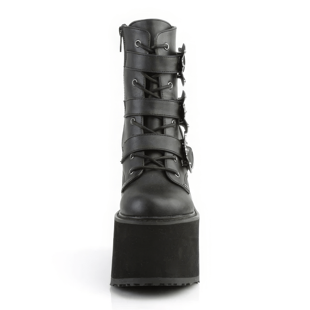 Demonia Gothic Platform Ankle Boots with triple bat buckles and a 5.5-inch wedge platform in black vegan leather.