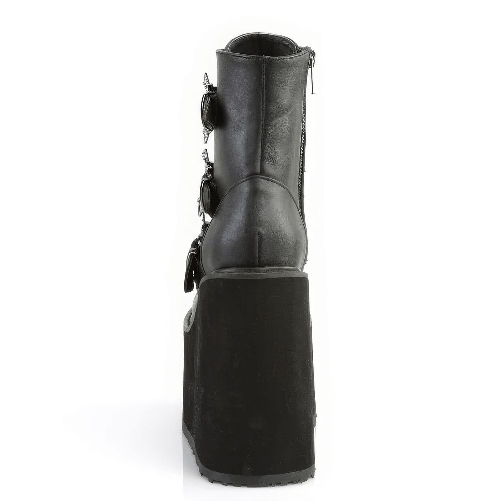 Back view of DEMONIA Gothic Platform Ankle Boots with triple bat buckles and a bold wedge platform.