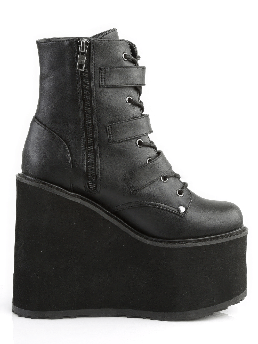 Gothic platform ankle boots with bat buckles and a 14 cm wedge heel in black vegan leather.