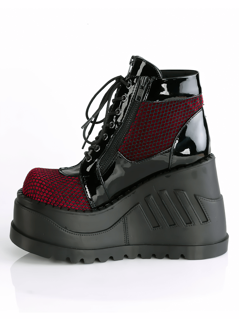 Demonia Gothic platform booties with charms, featuring burgundy and black fishnet design and thick wedge sole.