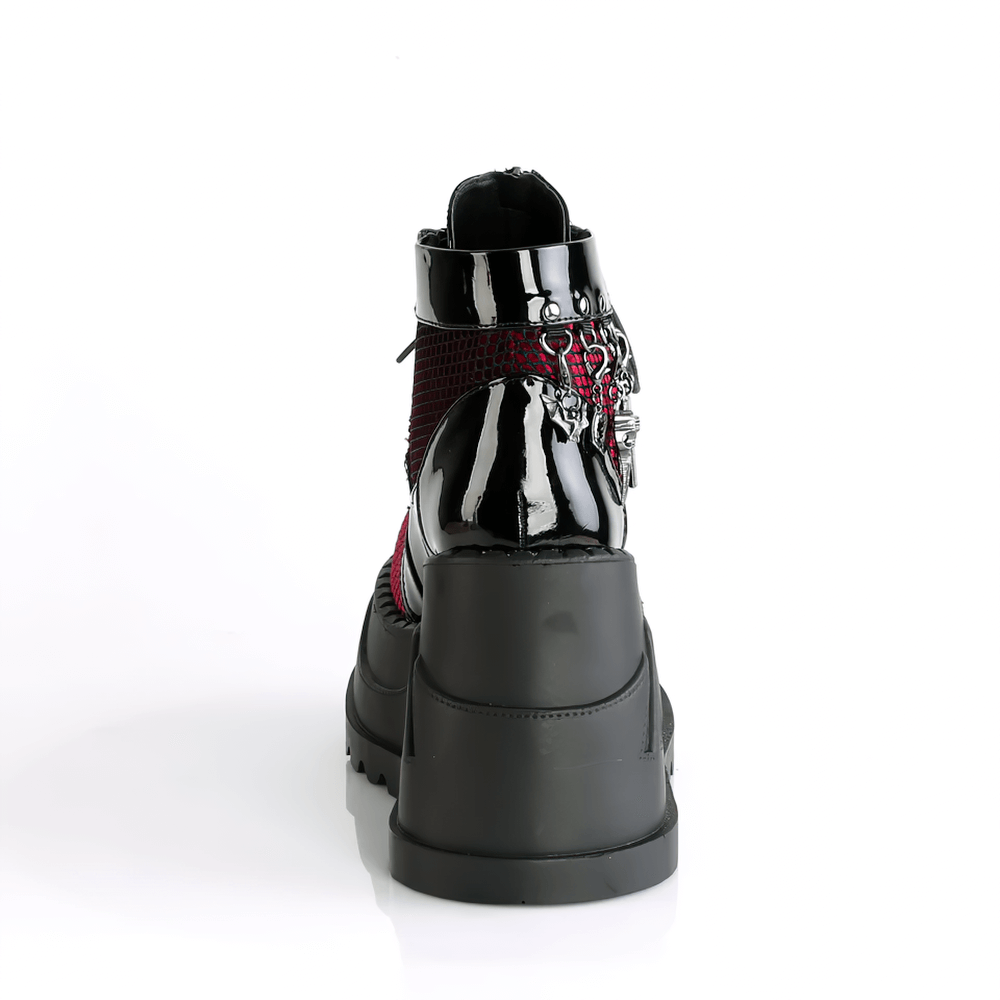 Back view of DEMONIA gothic platform booties in burgundy and black with charms and fishnet details.