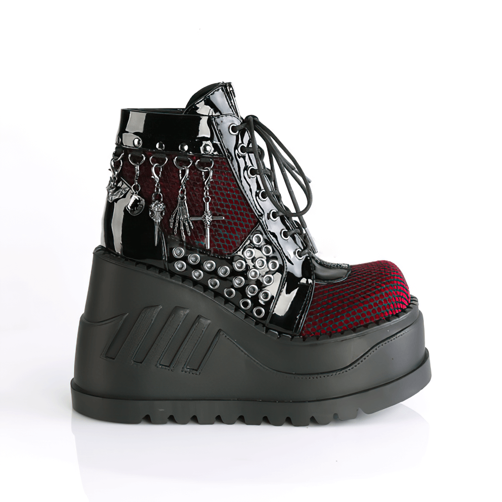 Burgundy and black Demonia Gothic platform booties with charms and fishnet details, featuring a bold 4 3/4" wedge.