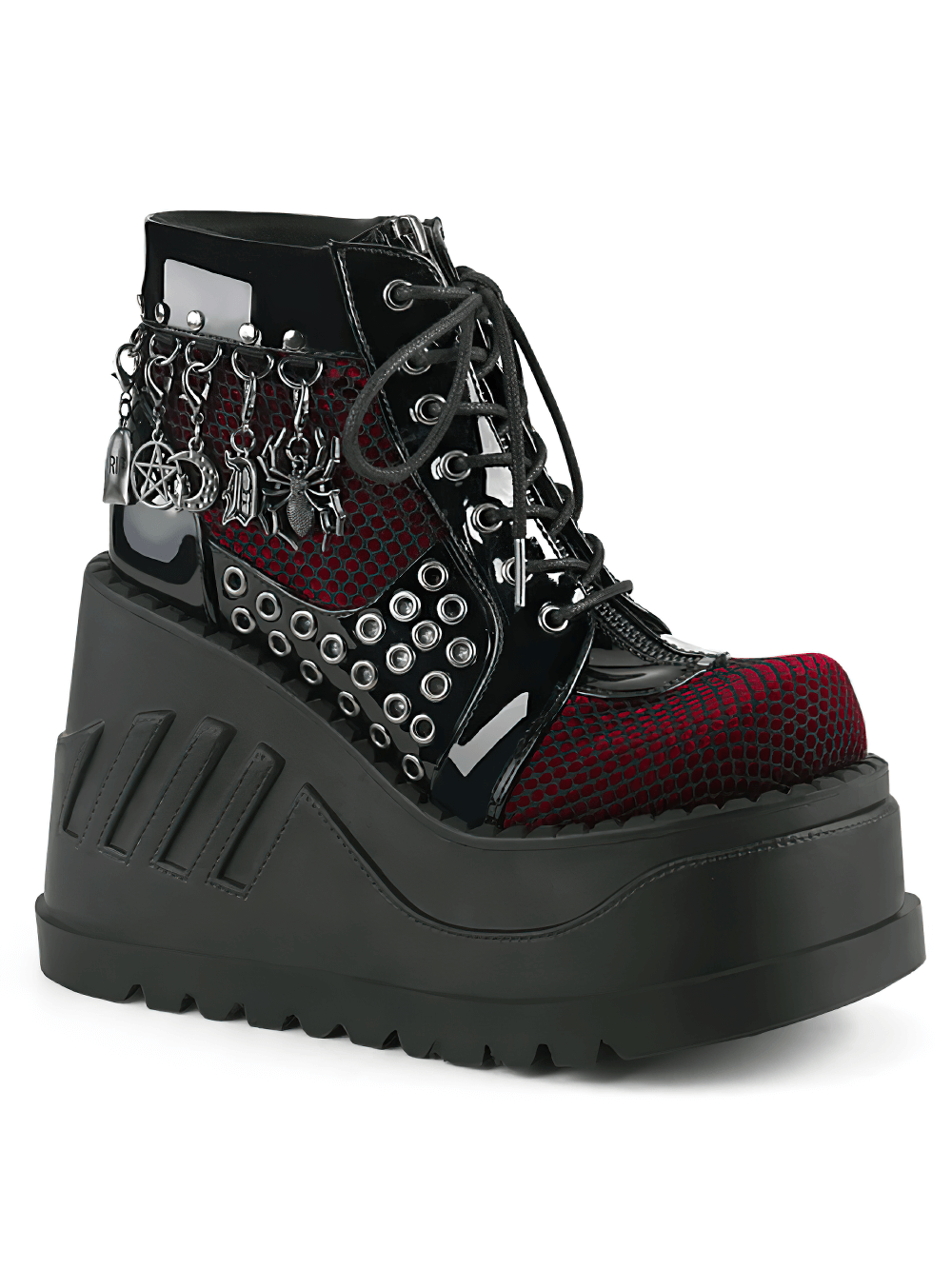 DEMONIA Gothic Platform Booties with Charms and Fishnet