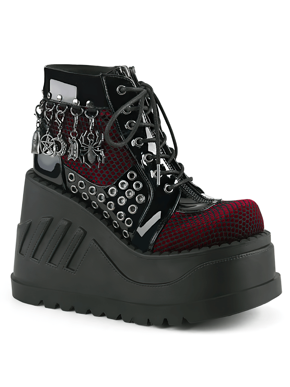 Demonia gothic platform booties featuring burgundy velvet, black patent, charms, and a bold fishnet design.