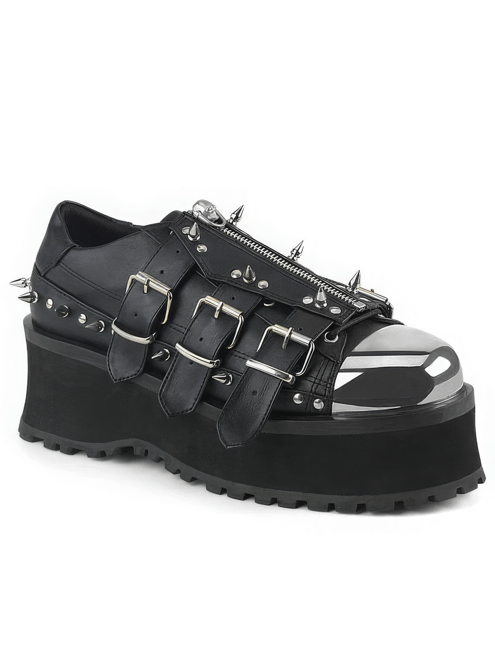 Gothic platform shoes with chrome toe cap, spiked buckle details, and zippered style, perfect for edgy fashion lovers.