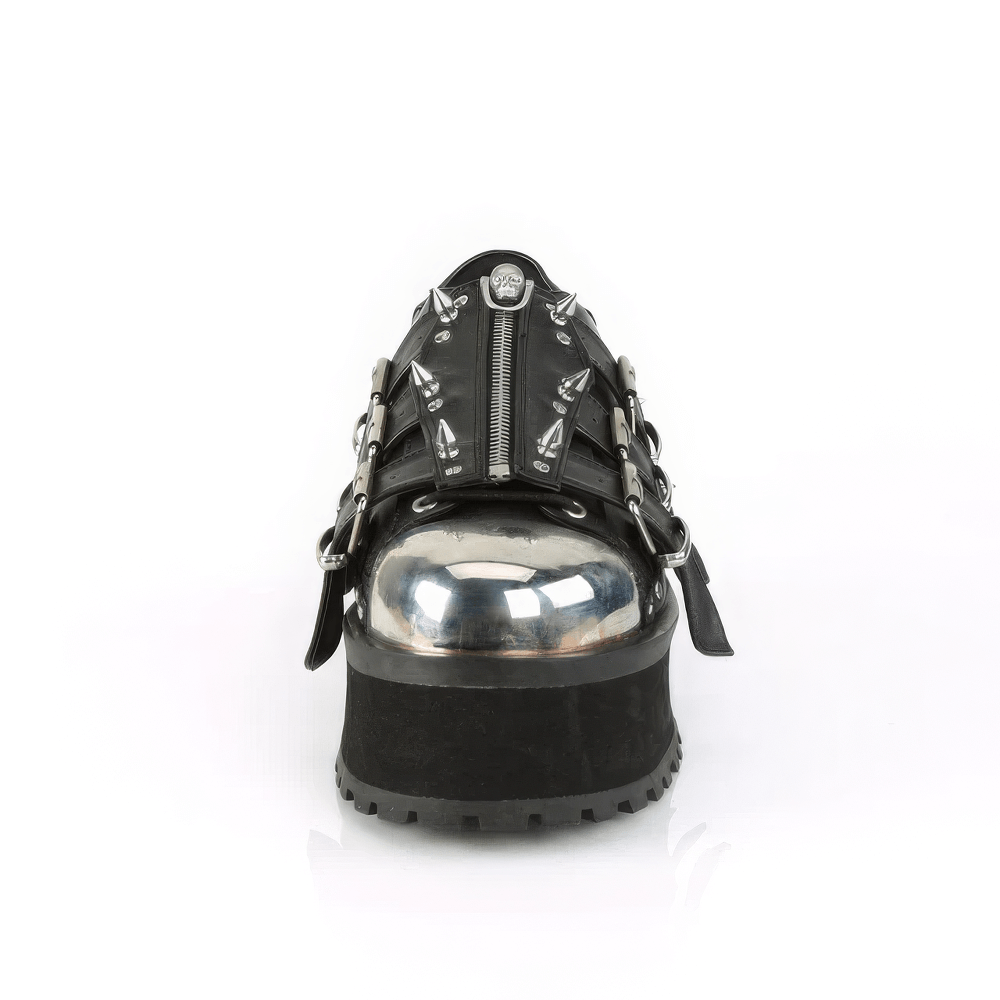 Edgy Demonia Gothic platform shoes with chrome toe cap and spiked zippered design, perfect for a bold fashion statement.