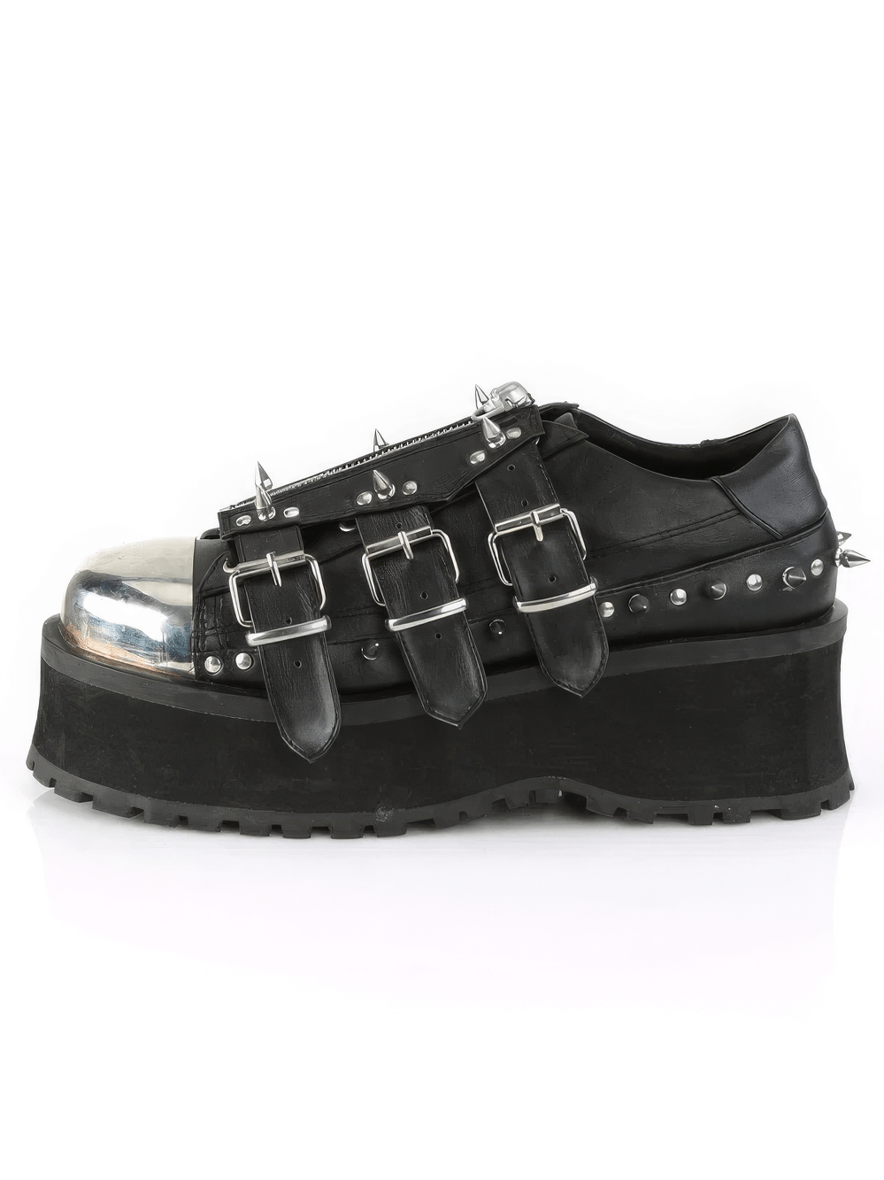 Edgy Demonia Gothic platform shoes with chrome toe cap and spiked buckle straps for a bold look.