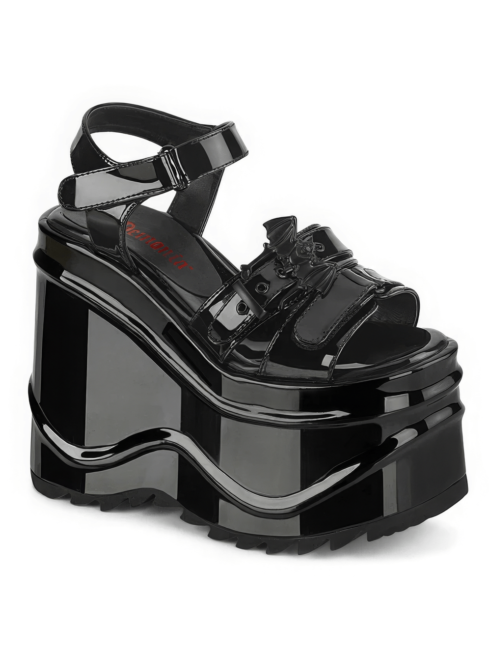 Demonia Gothic platform sandals with bat buckle in black vegan patent leather, featuring adjustable straps and 6-inch platform.